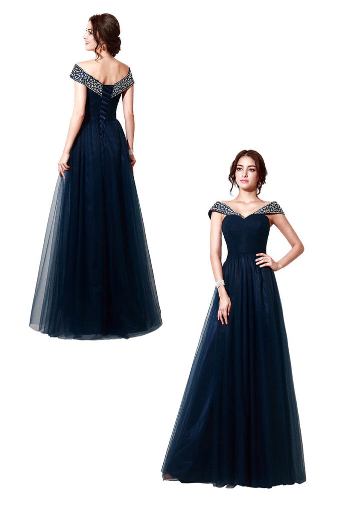 robe de soirée bleu marine en tulle épaule dénudé Robe de soirée chic