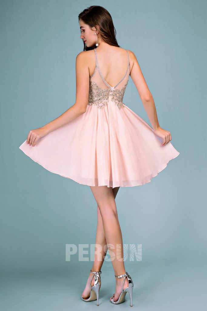 Robe de bal courte rose poudr dos chancr Persun Robe de soirée chic